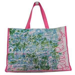 Lilly Pulitzer Reusable Shopping Bag Pink Vinyl Top Handle Tote Lightweight